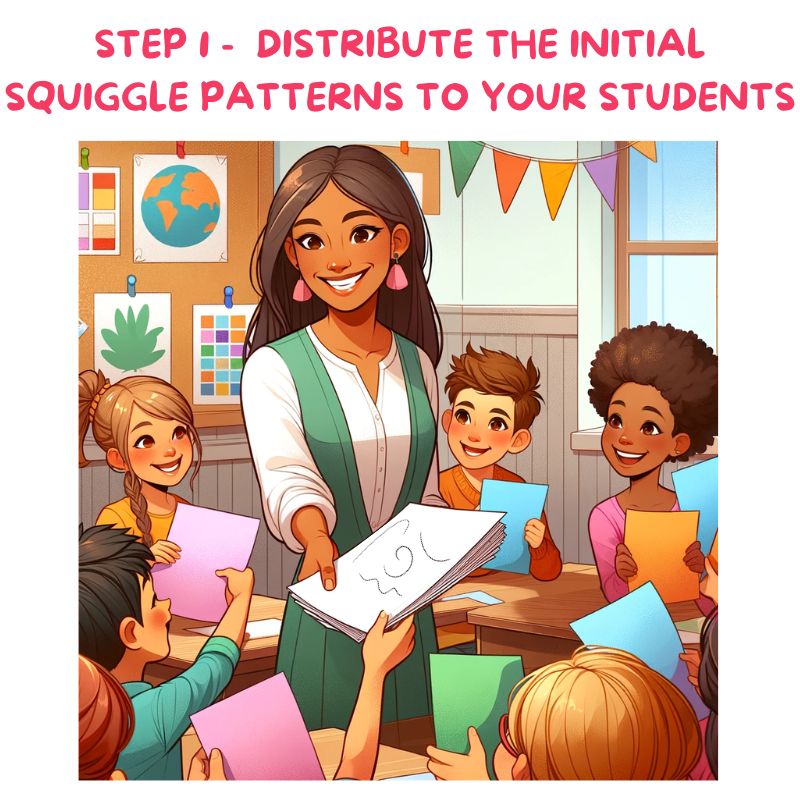 Step 1 - Distribute the Initial Squiggle Patterns to Your Students. The image shows a joyful and diverse teacher handing out colorful sheets of paper to her eager and smiling students in a bright and cheerful classroom. The walls are adorned with art materials and a world map, suggesting a creative learning environment. Each student looks excited to receive their squiggle pattern, ready to engage in the art project.